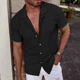 Men Hollow Openwork Knit Short Sleeve Shirt Lapel Collar Button Down Breathable Beach Casual Blouse