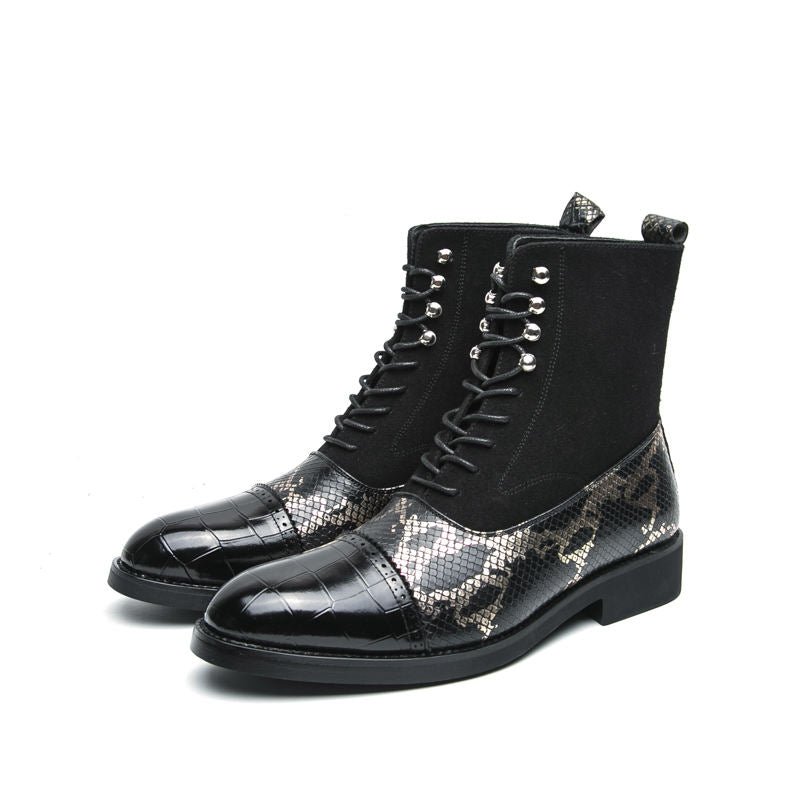 Pointed Toe Green Snake Pattern Classic Designers Good Quality Fashion Durable Dress Shoes Men Ankle Boots
