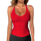 V Neck Halter Ribbed Tank Top Women Stretch Slim Yoga Sleeveless Fitness Camisole