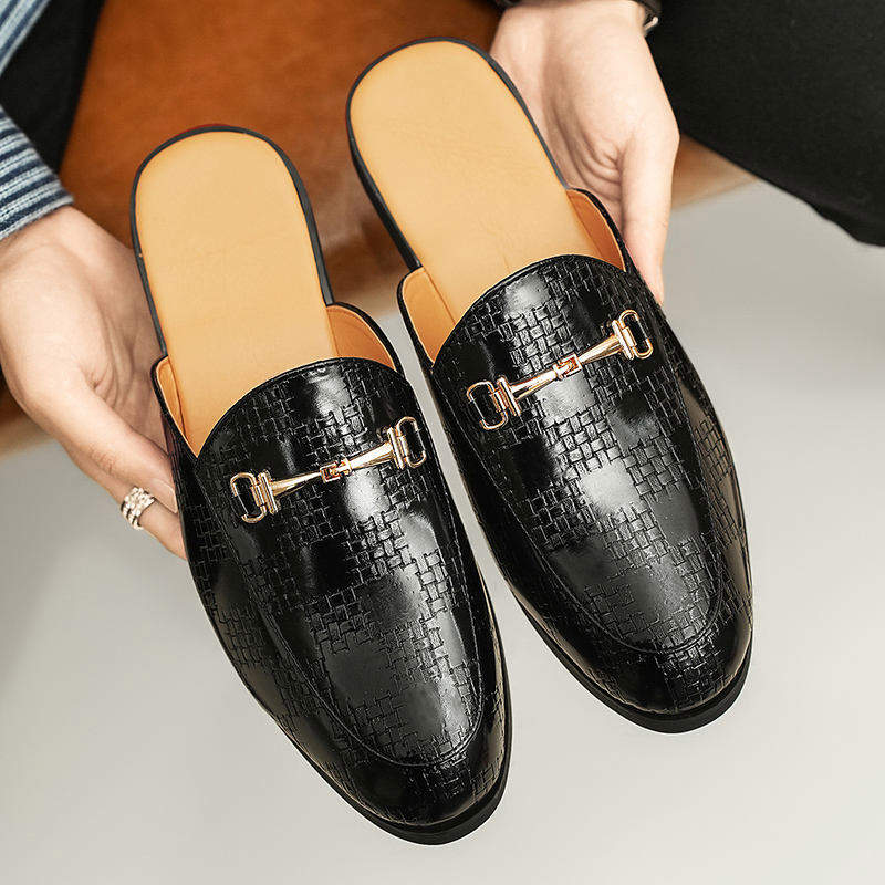Men Backless Mule Loafers With Woven Pattern PU Leather Upper and Metal Buckle Daily Wear and Business Occasions