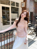 French Sweet Lace Stitching Long-sleeved T-shirt Women's 2026 Spring and Autumn New Tight Waist Slimming Short Top