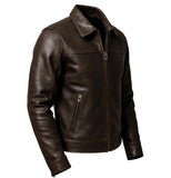 Shirt Collar Brown Style Lambskin Leather Jacket