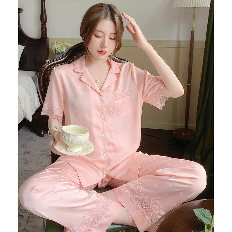 Short Sleeve Satin Button-Down Pajama Set with Lace Trim