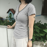 Women's Summer Vintage V-Neck Pullover Sweater , Short Sleeve Striped Y2K Fashion Tee , Slim Fit Basic Casual Top with Button Detail