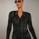 Textured Velvet V-Neck Long Sleeve Mini Dress