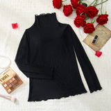 Sheer Black Mesh Turtleneck Top with Frill Trim