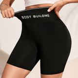 Black Mid-Thigh Shaper Shorts with Slogan Waist