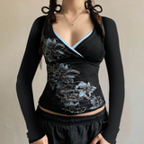 Black Y2K Knit Pullover Sweater | Vintage Floral V-Neck Bodycon Long Sleeve T-Shirt with Contrast Trim | Spandex/Polyester