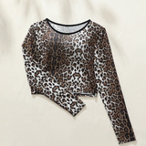 Leopard Print Sheer Long-Sleeve Crop Top