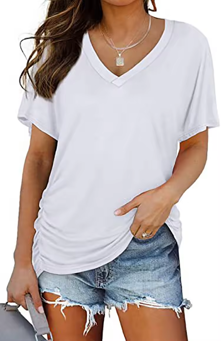 Women's Summer Comfort Tee with Drawstring Ruched Sides - Essential Basic Blouse