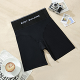 Black Mid-Thigh Shaper Shorts with Slogan Waist