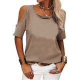 Casual Loose Fit Short Sleeve Blouse with Shoulder Cutouts - Stylish Basic Tee