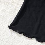 Sheer Black Mesh Turtleneck Top with Frill Trim