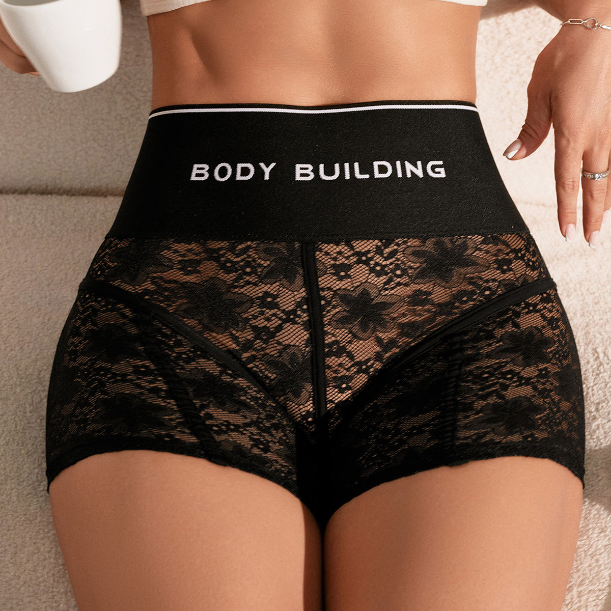 High-Waist Black Lace Boyshorts with 'Body Building' Band – Breathable, Seamless, Hip-Lifting Underwear