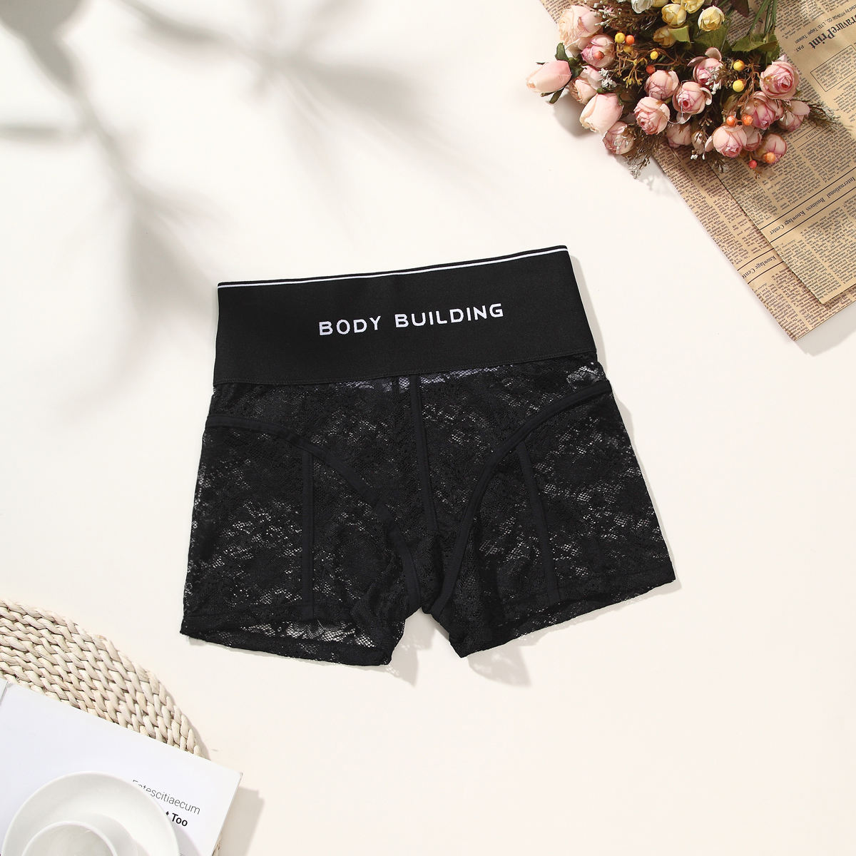 High-Waist Black Lace Boyshorts with 'Body Building' Band