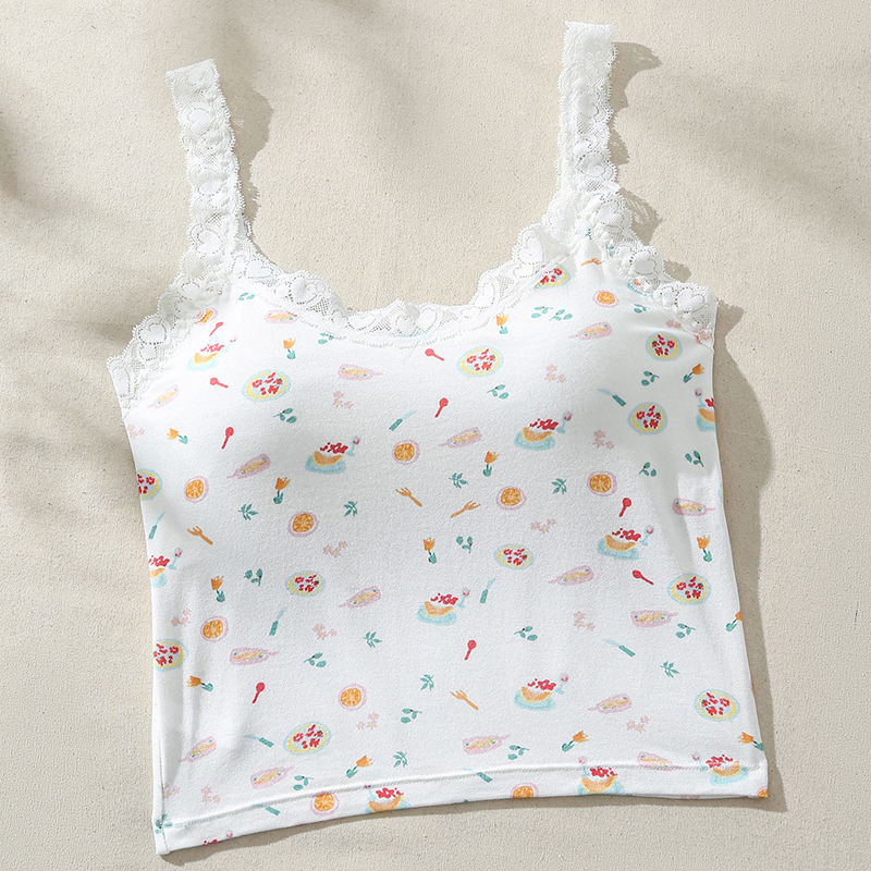 Cute Print Lace Trim Fitted Cami Top