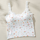 Cute Print Lace Trim Fitted Cami Top