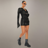 Textured Velvet V-Neck Long Sleeve Mini Dress