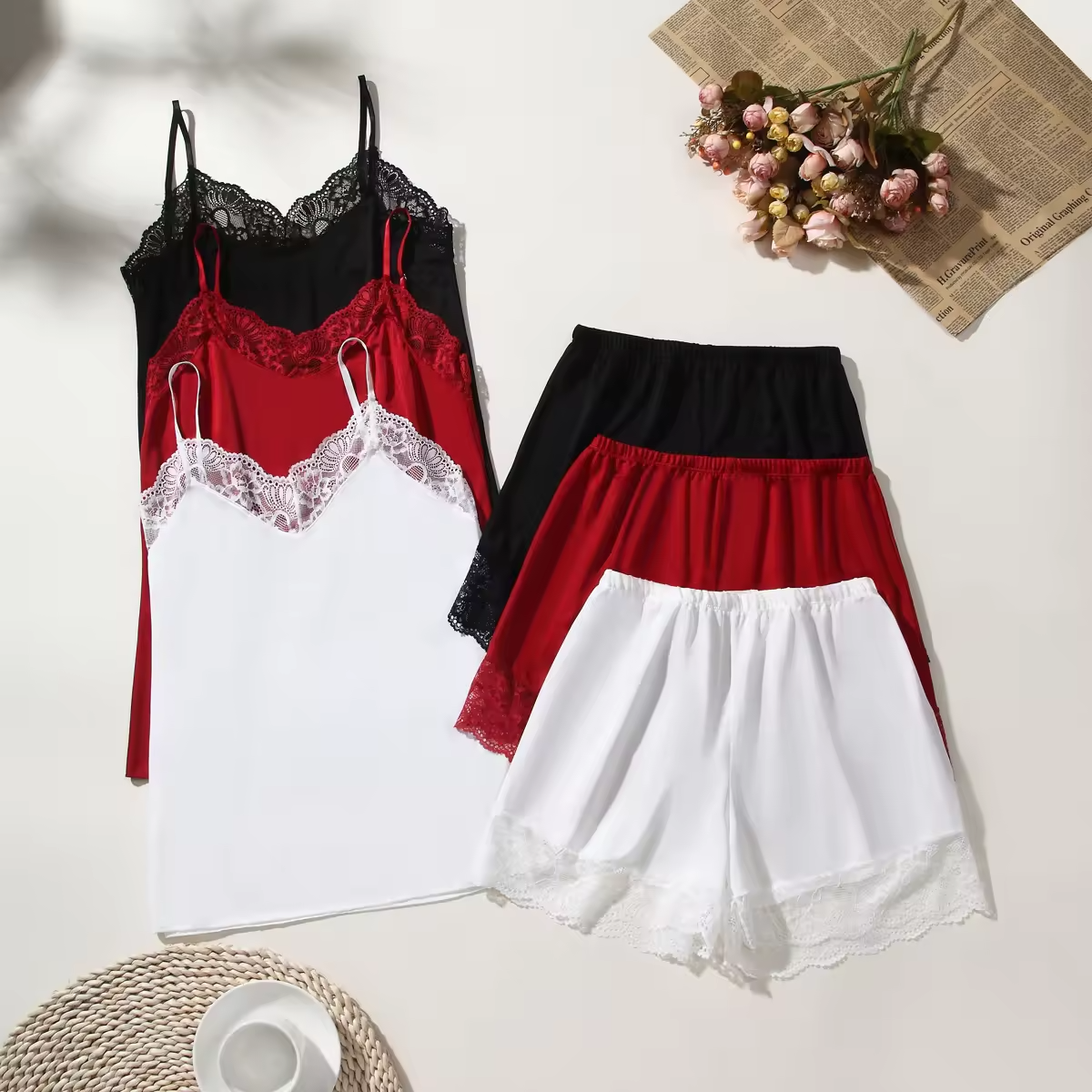 Silky Lace-Trim Chemise Top and Boxer Shorts Sleep Set