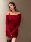 Ruched Off-Shoulder Bell Sleeve Mini Dress