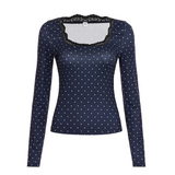 Women's Fashion Slim Fit Long Sleeve T-Shirt , Autumn Lace Polka Dot Bodycon Top , U-Neck Base Layer Loungewear OEM (All Seasons)