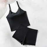 Black Ribbed Cami & Shorts Pajama Set with Lace Trim – Soft Sleepwear Loungewear