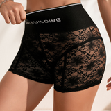 High-Waist Black Lace Boyshorts with 'Body Building' Band – Breathable, Seamless, Hip-Lifting Underwear