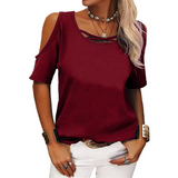 Casual Loose Fit Short Sleeve Blouse with Shoulder Cutouts - Stylish Basic Tee