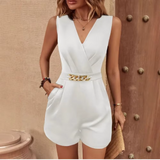 sleeveless romper with a deep V-neckline