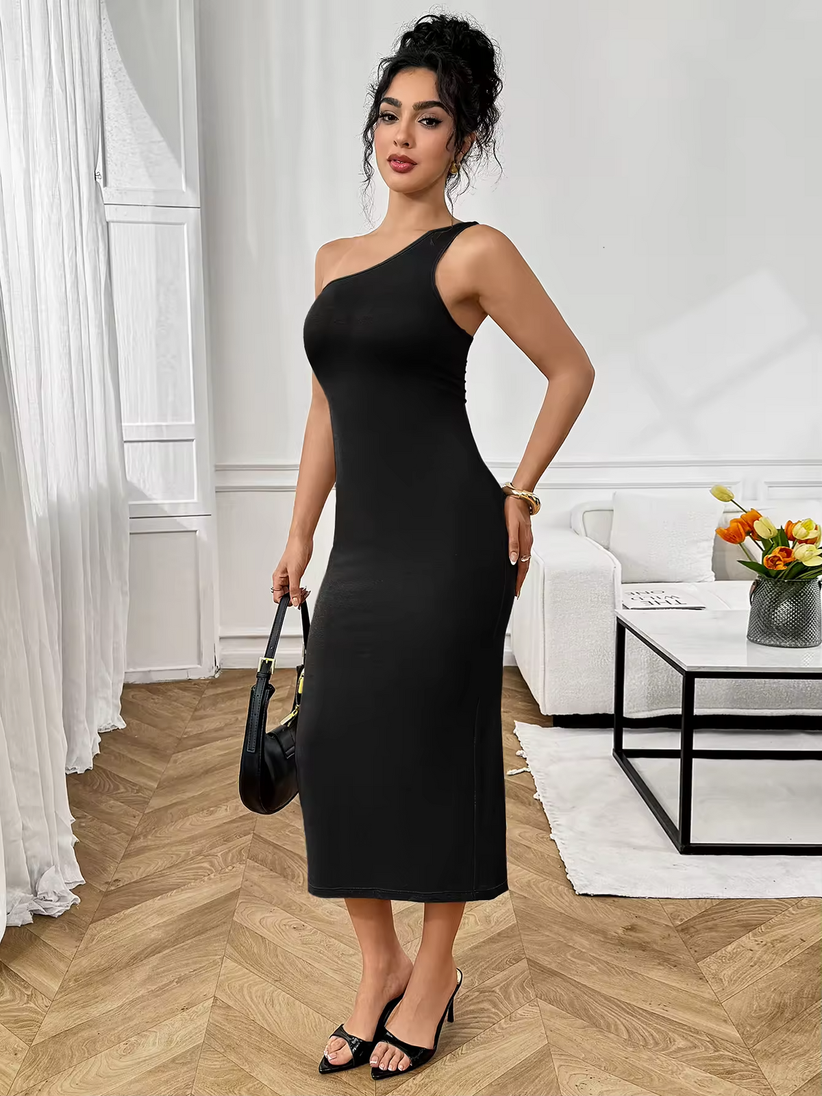 Sleeveless Asymmetrical Neckline Dress