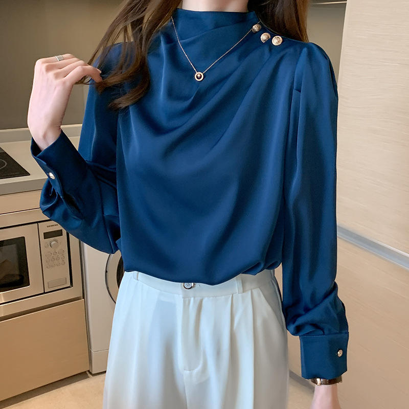 Elegant Draped High-Neck Satin Blouse
