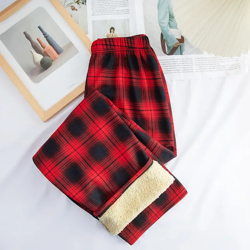2025 Autumn Winter New Women's High-Waist Korean Style Plaid Pants Fleece Lined Thickened Loose Wide-Leg Casual Trousers - Zeprah