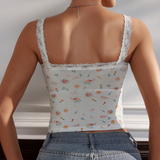 Cute Print Lace Trim Fitted Cami Top