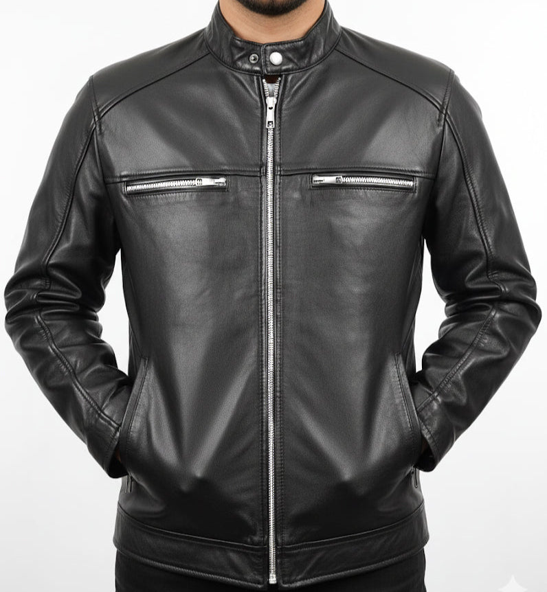 High Shine Double Zipper Lambskin Leather Jacket