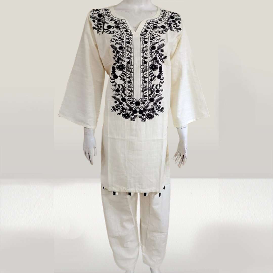 Off-White with Black Embroidered 2Pc Kurta Set