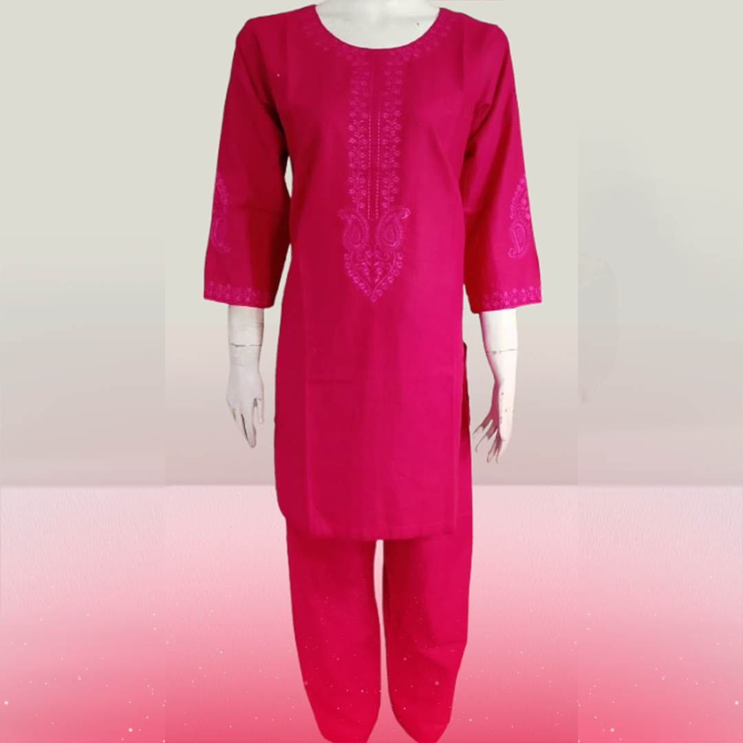 Bright Fuchsia Pink Embroidered Kurta Set