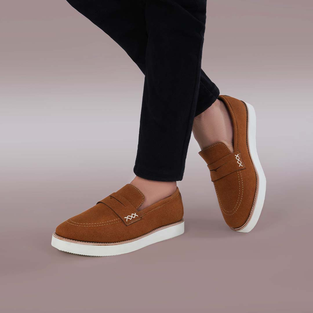 Tan Suede Penny Loafers with White Sole