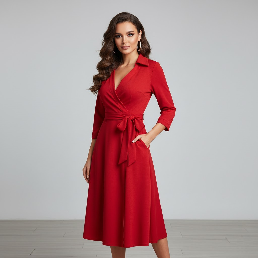 Vintage Print Collared Tie-Waist Midi Dress