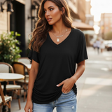 Women's Summer Casual Solid T-shirt , Short Sleeve V-Neck Thin and Loose Top , Worsted Spandex/Poly Knit (Anti-Shrink, Eco-Friendly)