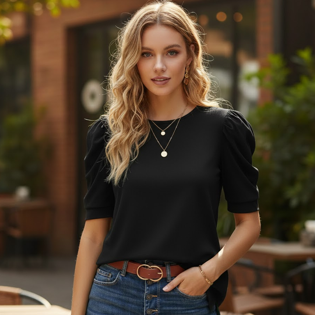Women's Summer T-Shirt  - New European American Casual All-Match Solid Color Puff Sleeve Knitted Top - Anti-Pilling O-Neck