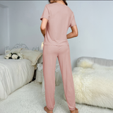 Wholesale Custom Logo Women's Soft Pajamas Set , Short Sleeve Trousers Elegant V-Neck Home Wear ,Solid Color Casual All-Season OEM