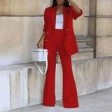 Elegant Double-Breasted Blazer and Flare Trousers Suit Set