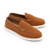 Tan Suede Penny Loafers with White Sole