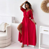 Cold Shoulder V Neck Split Maxi Dress Women Solid Hot Pink Drape Flowy Loose Fit Summer Beach Holiday Long Sundress