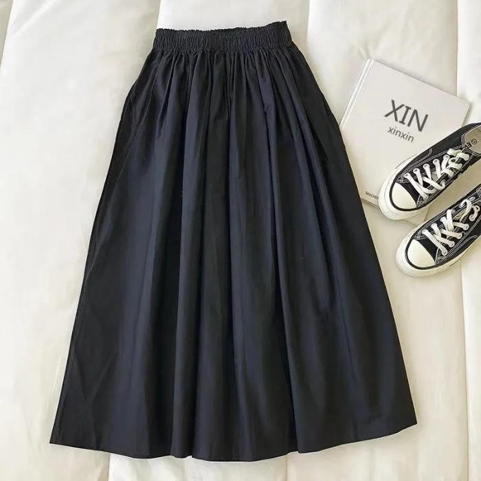 Women Elastic High Waist Gathered Midi Skirt Solid Loose A-Line Flowy Long Skirt Minimalist Casual Daily Ladies Swing Skirt