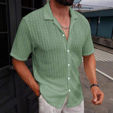 Men Hollow Waffle Knit Short Sleeve Shirt Breathable Textured Button up Shirt Summer Beach Casual Shirts for Men