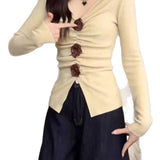 V-Neck Knit Long Sleeve Top with 3D Rose Appliques, Ruched Front and Slit Hem for Women
