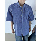 Vintage American Blue Plaid Short Sleeve Shirts for Men Women, Loose Fit Premium Versatile Layered Casual Shirt Jacket
