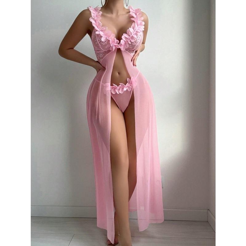 New Arrival Sexy Women's Nightgown Set - Lace Trimmed Split Design Long Sleepwear, Erotic Loungewear Two-Piece Set