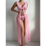 New Arrival Sexy Women's Nightgown Set - Lace Trimmed Split Design Long Sleepwear, Erotic Loungewear Two-Piece Set